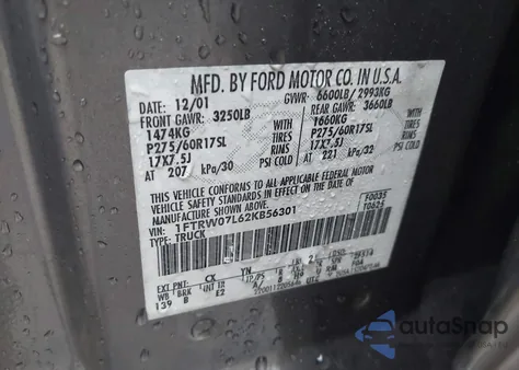 2002 Ford F-150 Lariat/Xlt from USA, damaged, VIN 1FTRW07L62KB56301